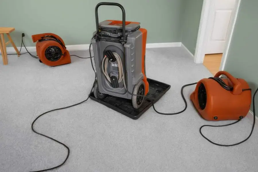 LGR dehumidifier and air movers set up to dry a carpeted room in Jamaica, NY