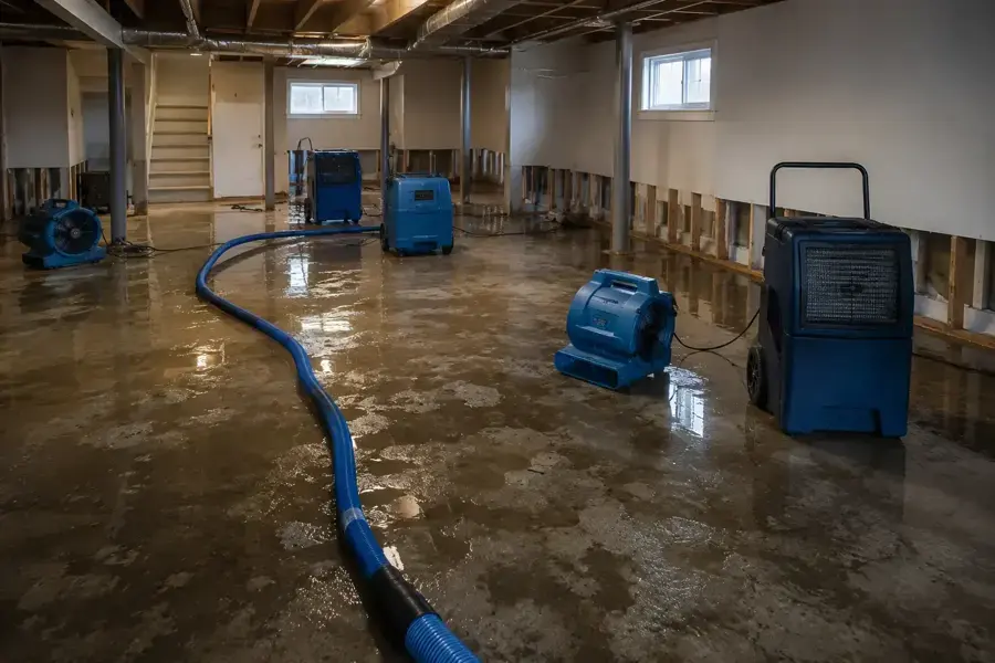 Extraction hose, air movers and an LGR dehumidifier drying a flooded basement in Jamaica, NY