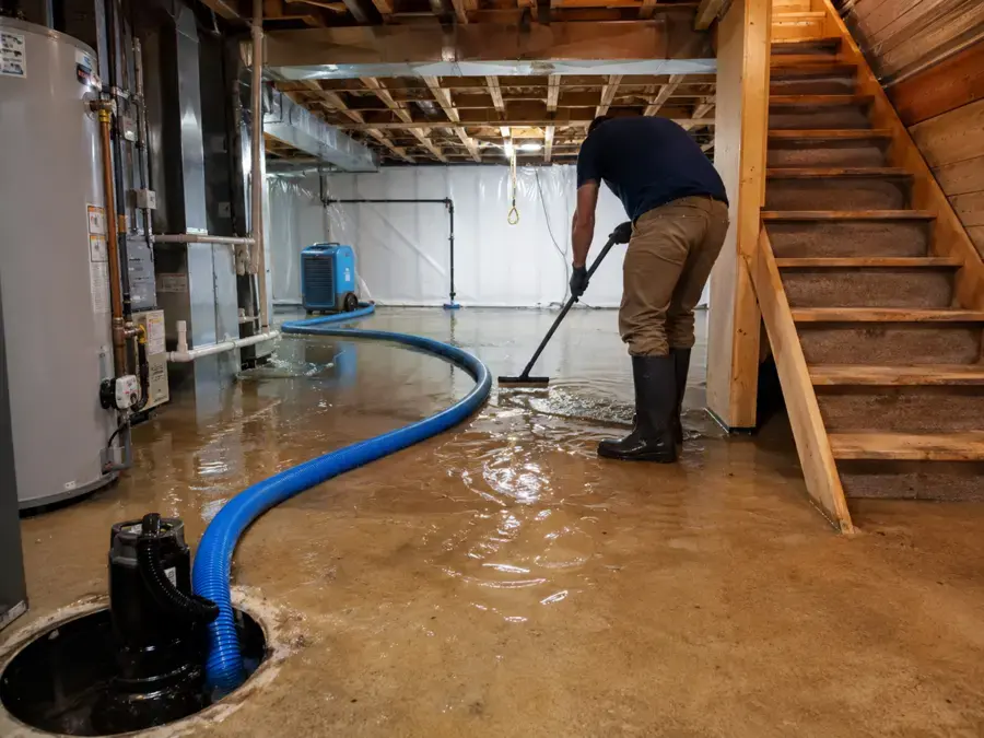 Hose and pump clearing a flooded basement in Jamaica, Queens