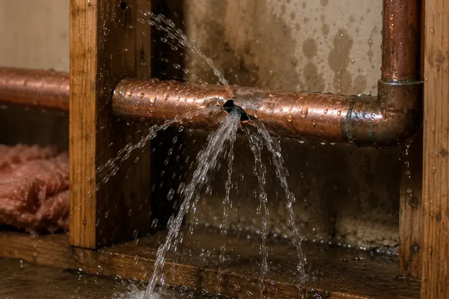 Copper supply pipe spraying water inside an open wall in Jamaica, NY