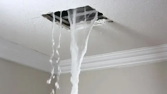 Water pouring through an opening in a ceiling in Jamaica, NY