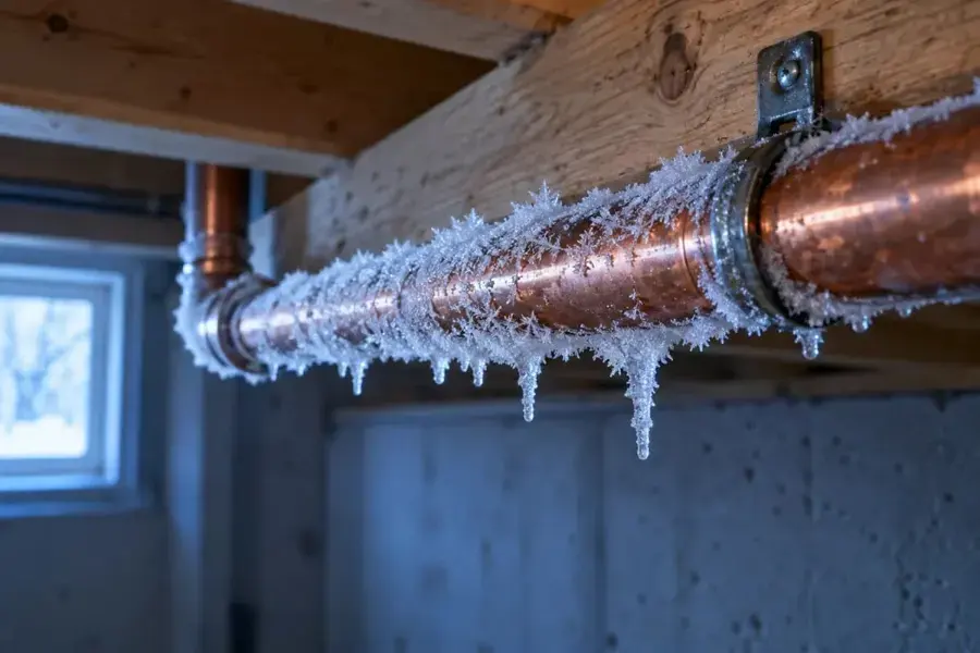 Frost-covered copper pipe in a cold Queens basement