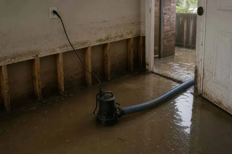 Pump pulling groundwater seepage off a basement floor with flood cuts in Jamaica, NY