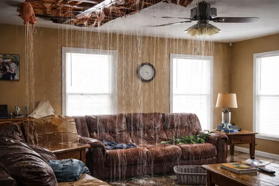 Rain coming through a failed ceiling into a living room in Queens