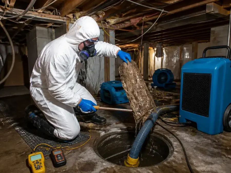 Tech in a protective suit clearing a sewer backup at a basement floor drain in Queens