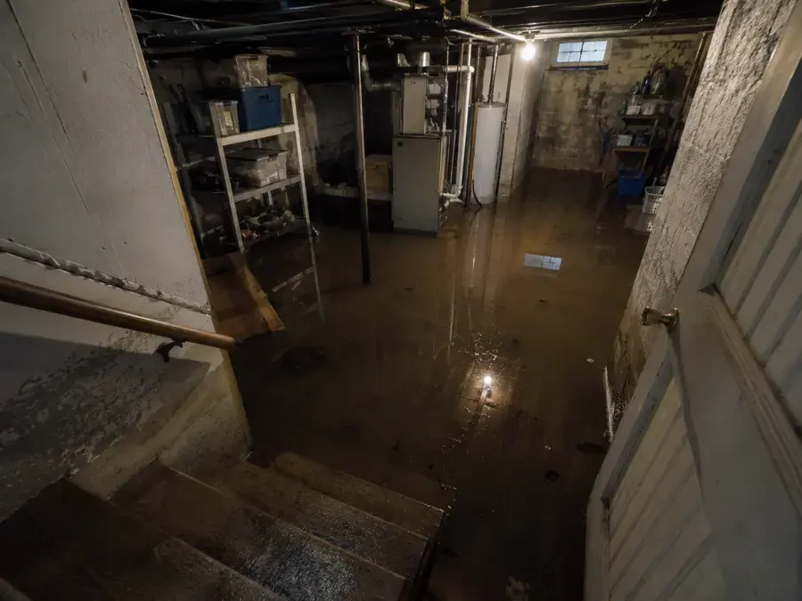 Storm water filling a basement below the stairs in a Jamaica, NY house
