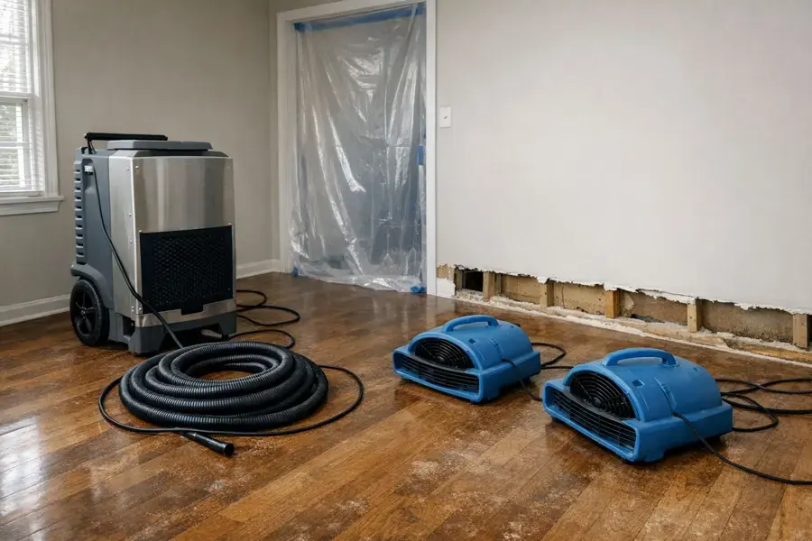 LGR dehumidifier and air movers drying a hardwood floor with flood cuts in Jamaica, NY