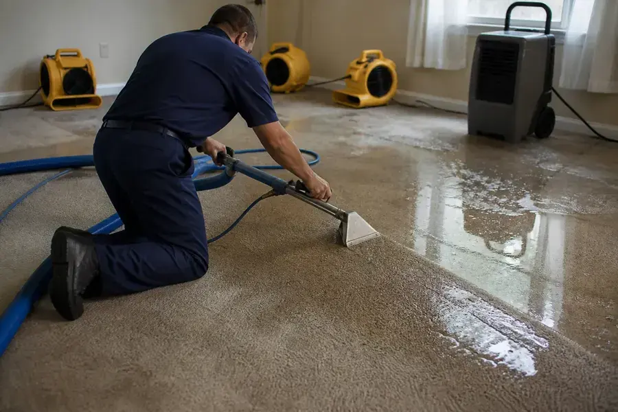 Extraction wand pulling water out of wet carpet in a Jamaica, NY home