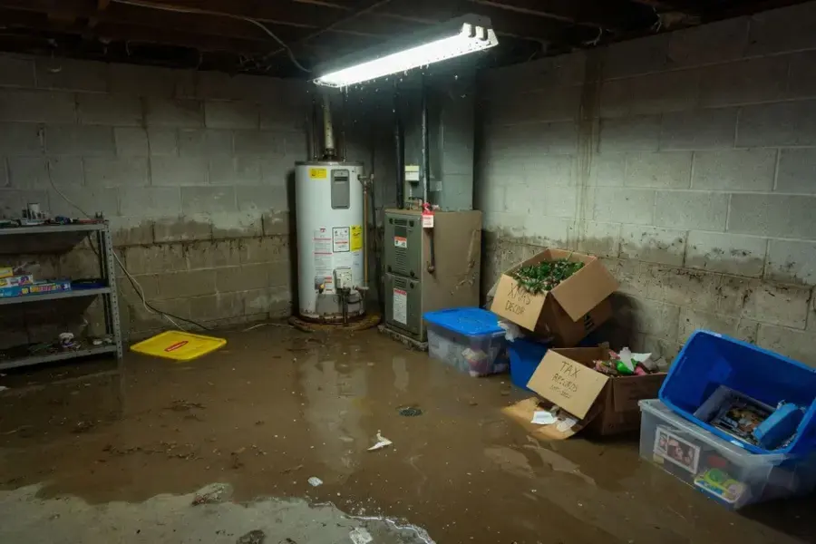 Water spread across a basement floor around a failed water heater in Queens